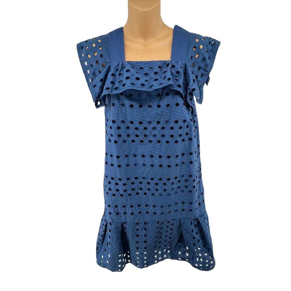 See By Chloe Size 2 Dress Eyelet Square Neckline Pockets Mini Ruffle Lined